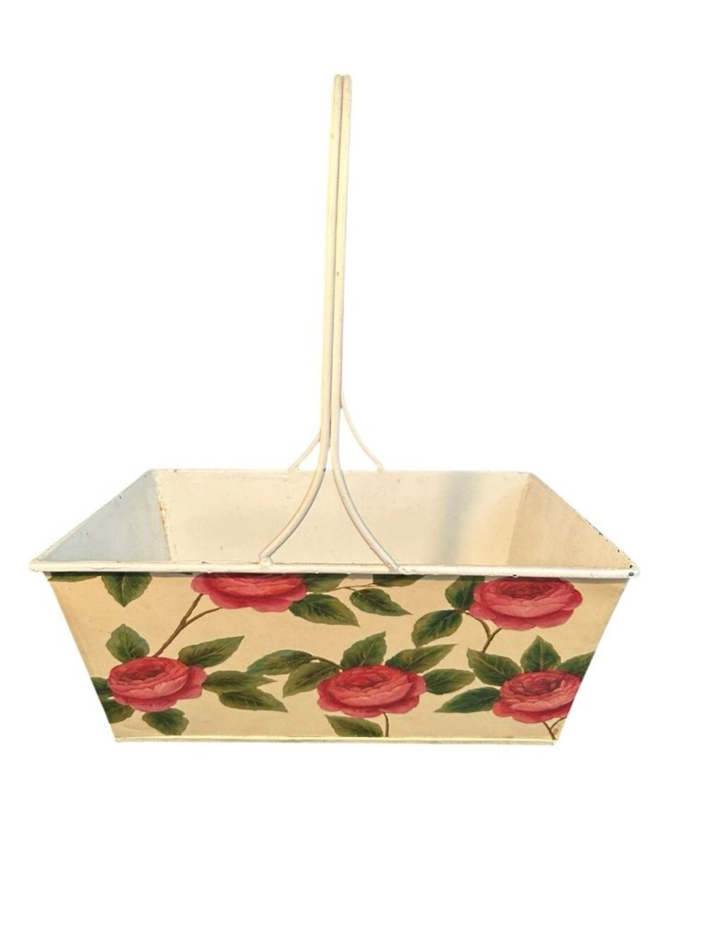Vtg Shabby Cottage Chic Pink Victorian Rose White Metal Gathering Basket 10.5x8"